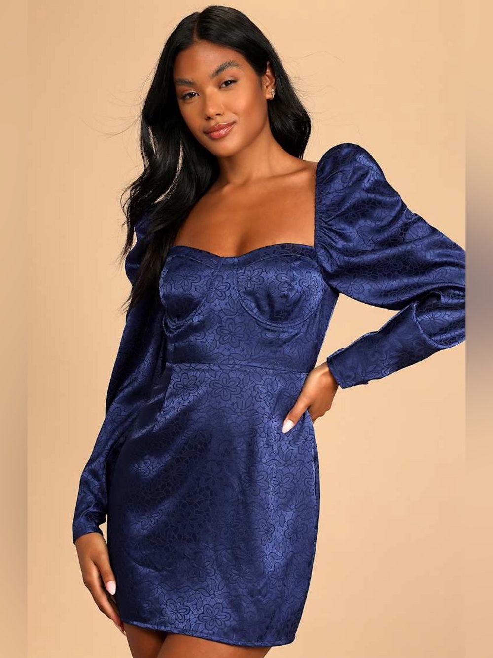 Lulu's Navy Floral Jacquard Long Sleeve Mini Dress